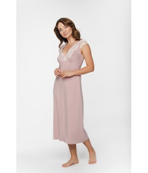 Camisón largo de manga corta con escote favorecedor, en micromodal, elastano y encaje