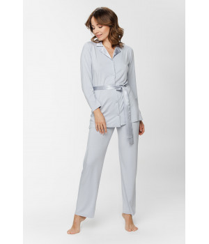 Zweiteiliger Pyjama aus Micromodal und Satin, Oberteil mit Knopfleiste, Hemdkragen und Taillengürtel