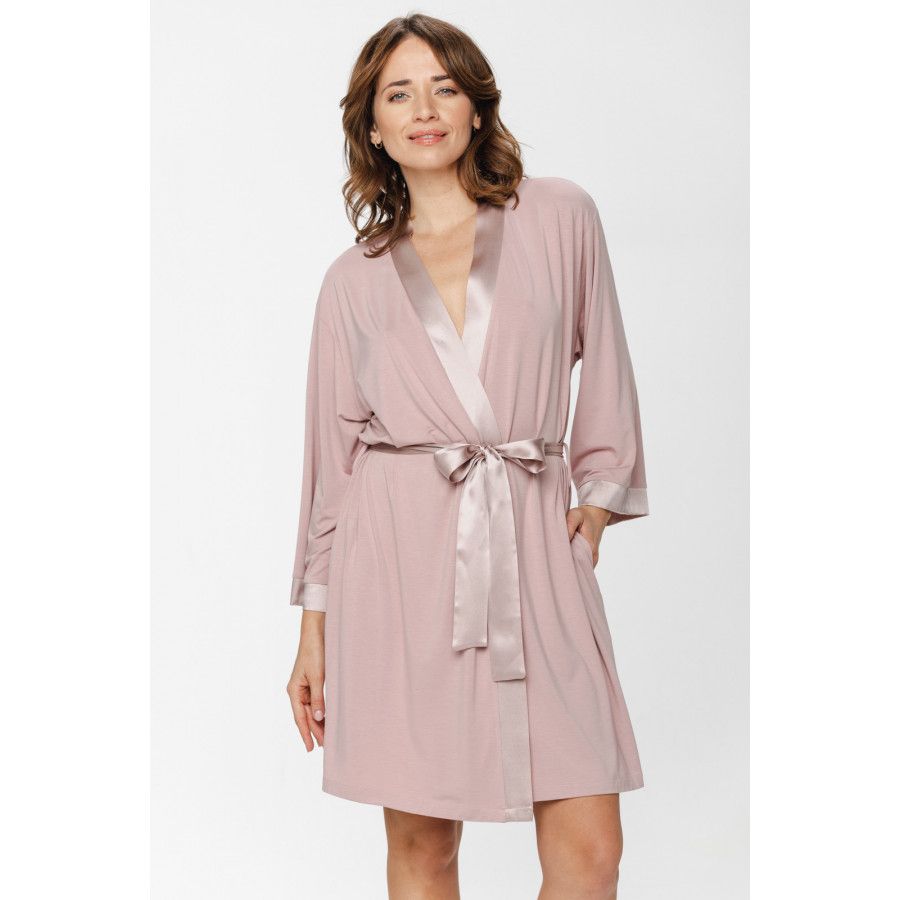 Halblanger Kimono aus Micromodal mit Kragen, Bündchen und Taillengürtel aus Satin - XS/S to XL/XXL