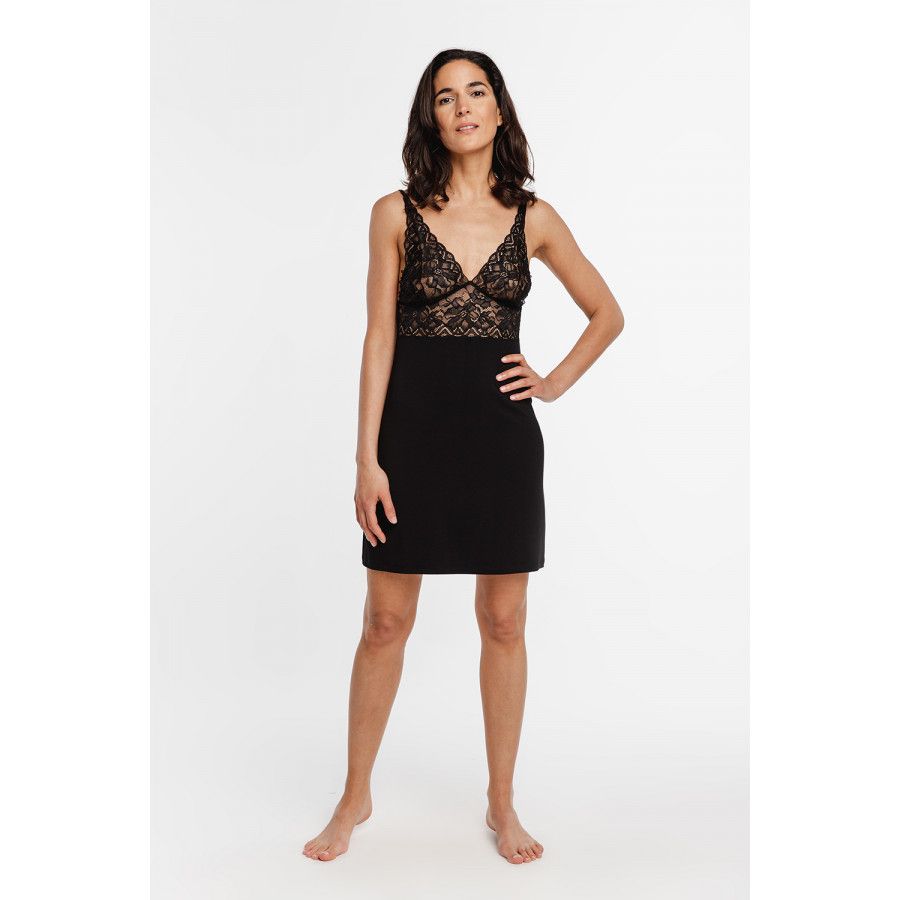 Sensual micromodal negligee with thin straps and lace embellishing the bust area and back Sensual micromodal negligee with thin straps and lace embellishing the bust area and back
