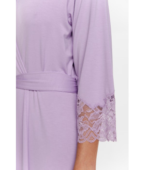 Elegant long micromodal dressing gown with lace enhancing the three-quarter-length sleeves and the back
