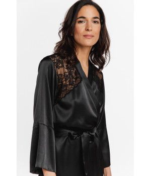 Gorgeous little satin dressing gown with loose-fitting, three-quarter-length sleeves, a lined neckline and lace