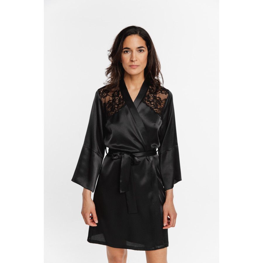 Gorgeous little satin dressing gown with loose-fitting, three-quarter-length sleeves, a lined neckline and lace