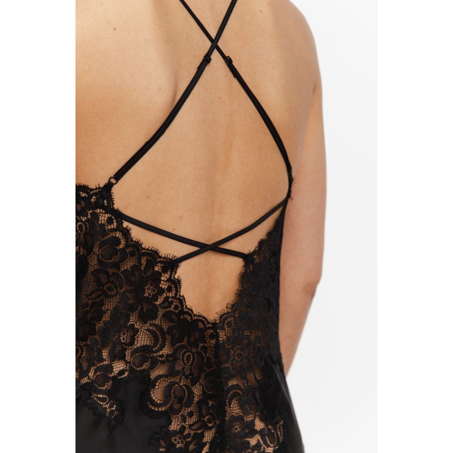 Pretty satin and lace negligee with thin, adjustable criss-cross straps at the back