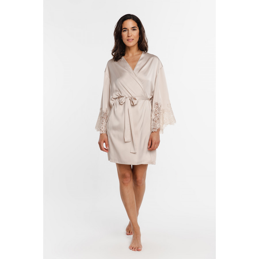 Pretty little mid-thigh satin dressing gown with long sleeves trimmed with lace