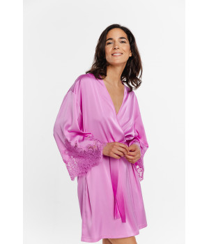 Pretty little mid-thigh satin dressing gown with long sleeves trimmed with lace