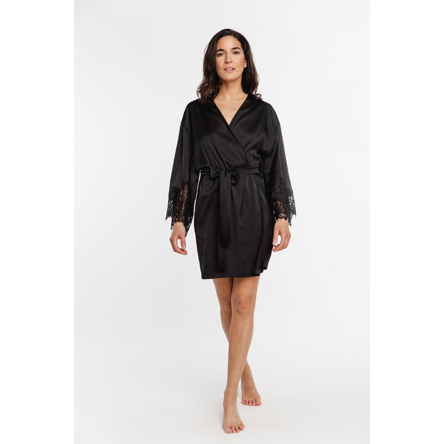 Pretty little mid-thigh satin dressing gown with long sleeves trimmed with lace