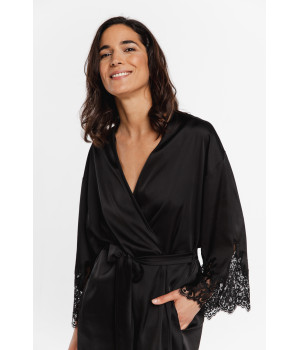 Pretty little mid-thigh satin dressing gown with long sleeves trimmed with lace