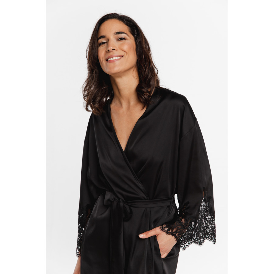 Pretty little mid-thigh satin dressing gown with long sleeves trimmed with lace