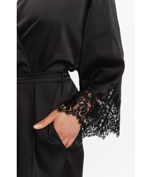 Pretty little mid-thigh satin dressing gown with long sleeves trimmed with lace