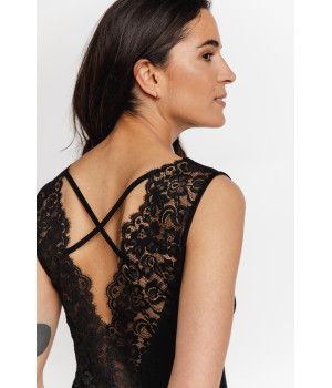 Sleeveless micromodal negligee with wide straps, V-neckline, lace and criss-cross straps at the back