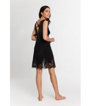 Sleeveless micromodal negligee with wide straps, V-neckline, lace and criss-cross straps at the back