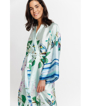 Oversize-Kimono aus Satin mit exotischem Blätterprint und blauen Streifen und mit weiten langen Ärmeln