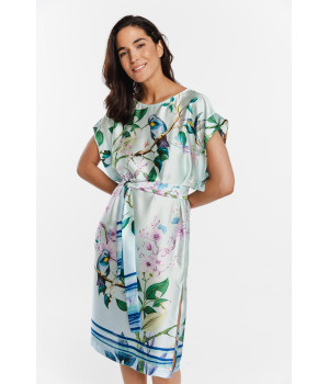 Ample Tunique / robe d'intérieur en satin imprimé exotique, ceinturé à la taille