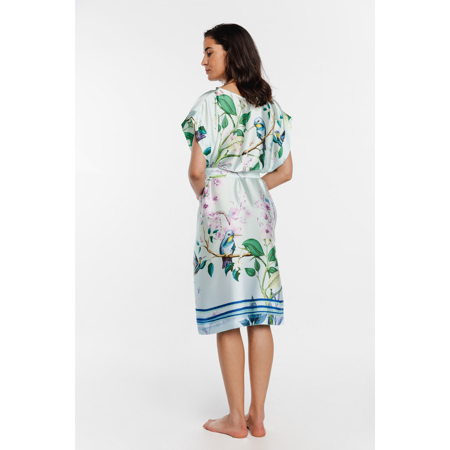 Ample Tunique / robe d'intérieur en satin imprimé exotique, ceinturé à la taille