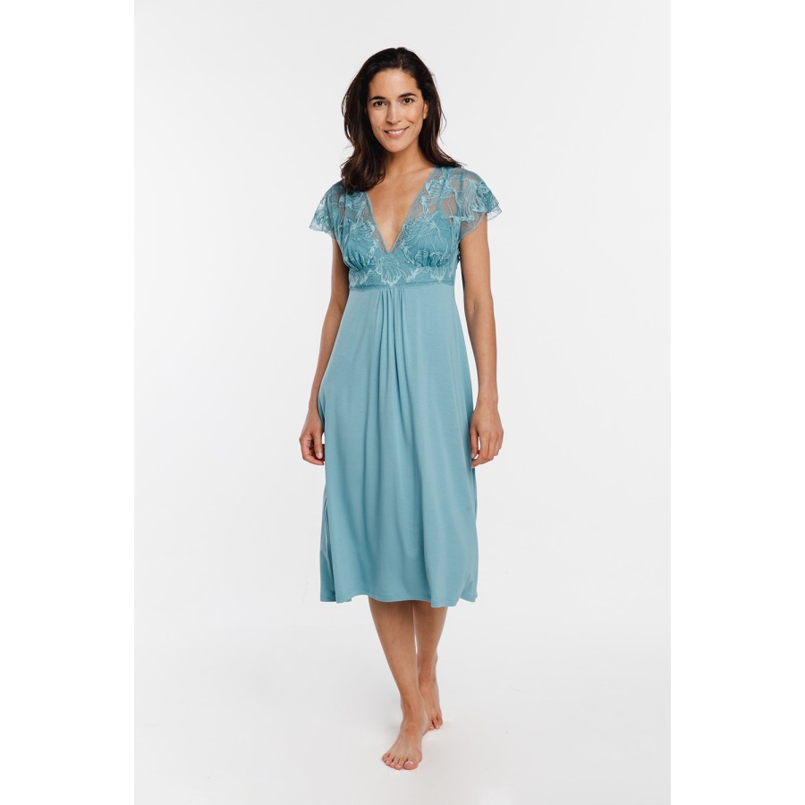 Nuisette micromodal bleue, dentelle sur le décolleté