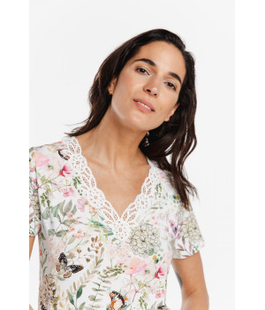 Ensemble pyjama en micromodal, tee-shirt encolure en V en dentelle, imprimé fleuri