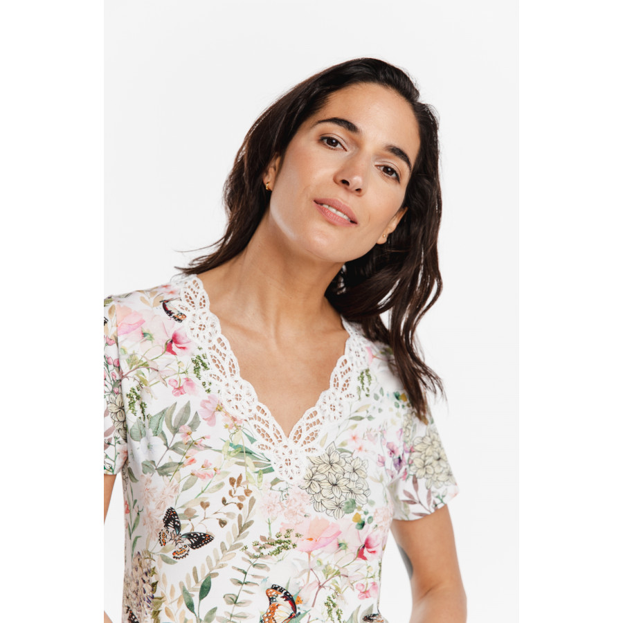 Ensemble pyjama en micromodal, tee-shirt encolure en V en dentelle, imprimé fleuri