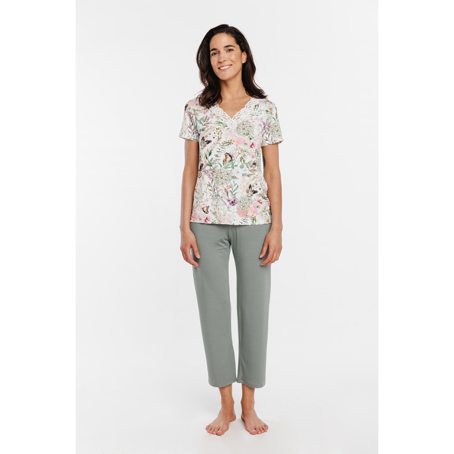 Ensemble pyjama en micromodal, tee-shirt encolure en V en dentelle, imprimé fleuri