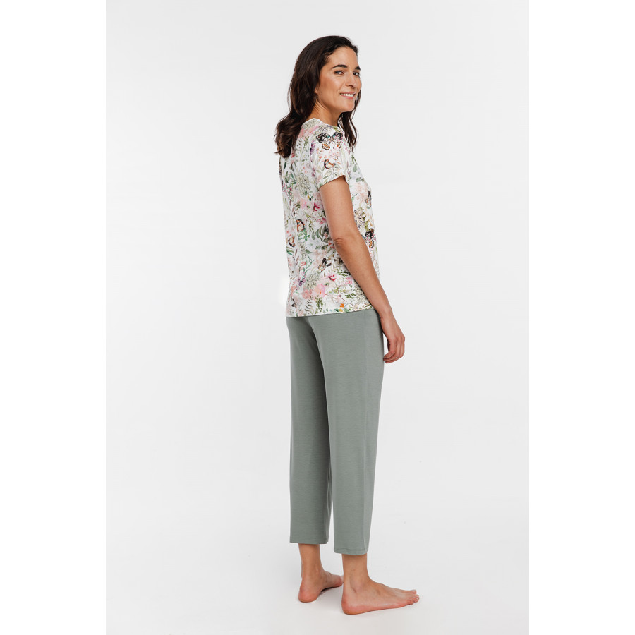 Ensemble pyjama en micromodal, tee-shirt encolure en V en dentelle, imprimé fleuri