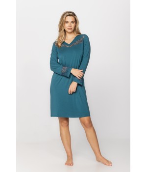 Long-sleeved, tunic-style nightdress with a V-neck in micromodal, elastane fabric and lace