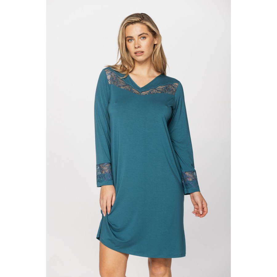 Chemise de nuit tunique manches longues col en V en micromodal, elasthanne et dentelle