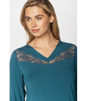 Chemise de nuit tunique manches longues col en V en micromodal, elasthanne et dentelle