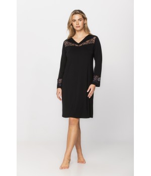 Long-sleeved, tunic-style nightdress with a V-neck in micromodal, elastane fabric and lace