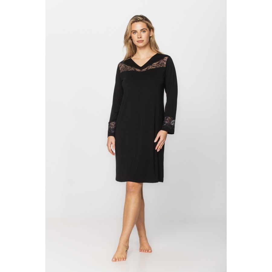 Long-sleeved, tunic-style nightdress with a V-neck in micromodal, elastane fabric and lace