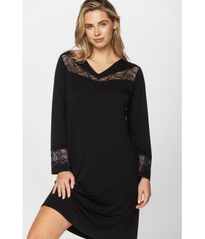 Chemise de nuit tunique manches longues col en V en micromodal, elasthanne et dentelle