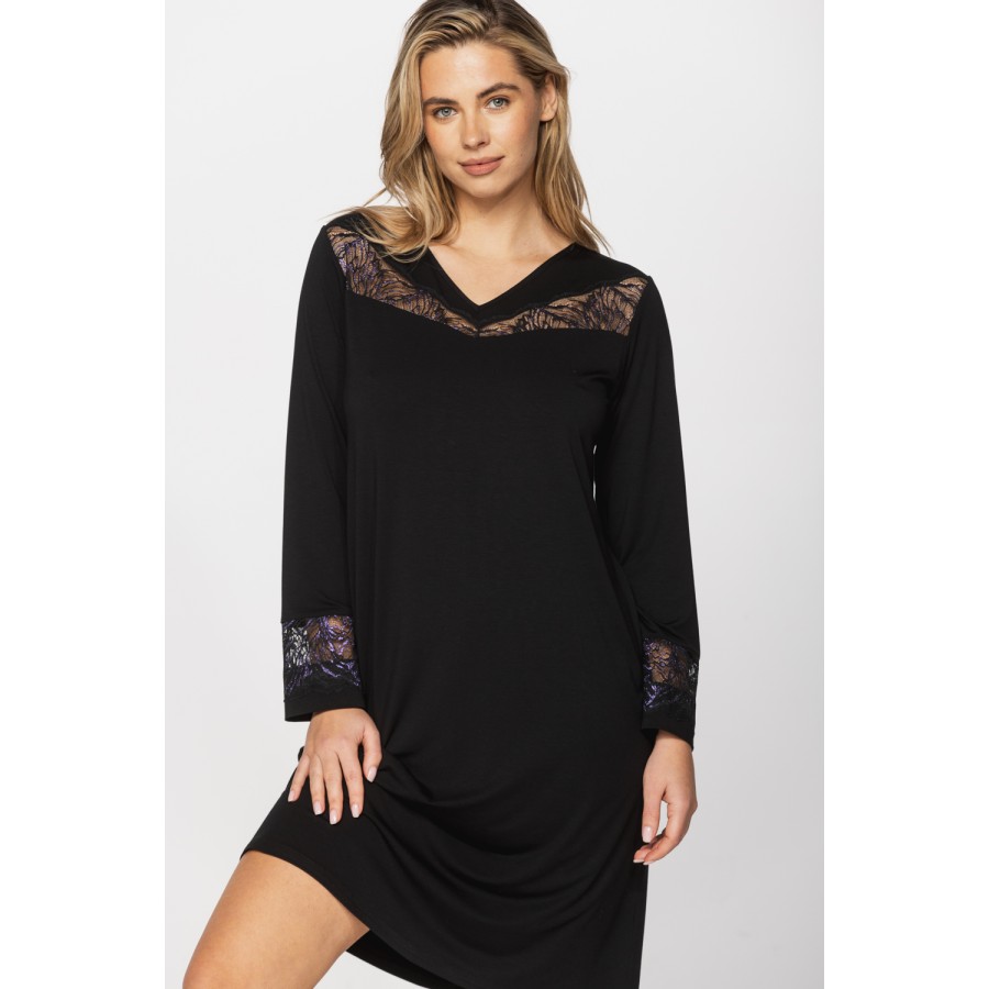 Chemise de nuit tunique manches longues col en V en micromodal, elasthanne et dentelle