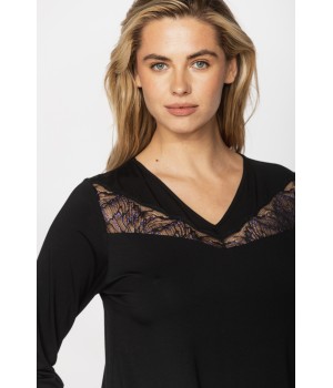 Chemise de nuit tunique manches longues col en V en micromodal, elasthanne et dentelle