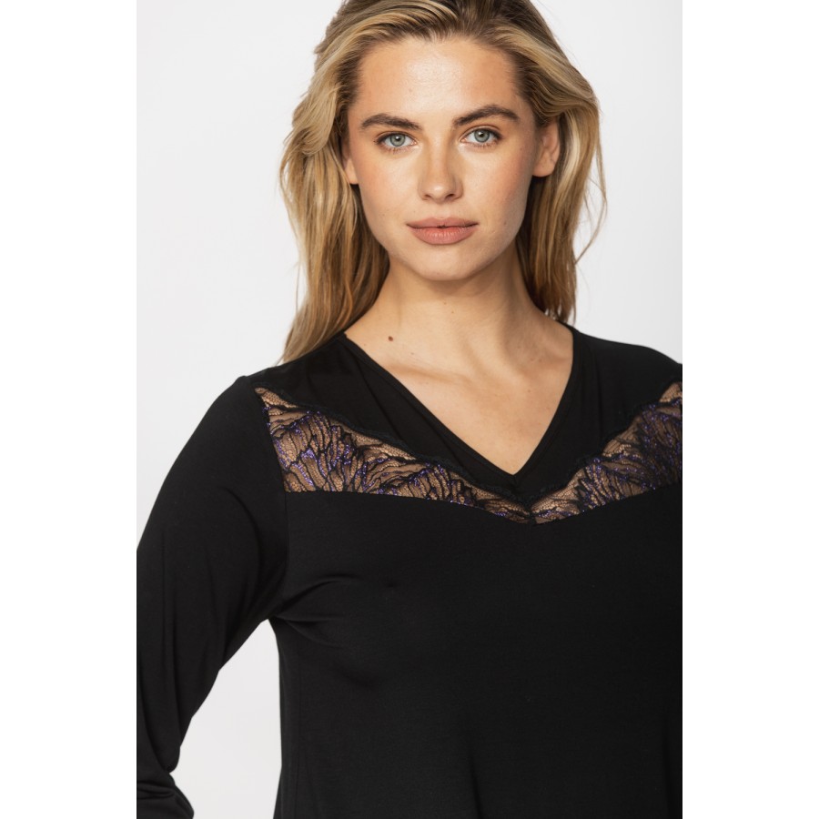 Chemise de nuit tunique manches longues col en V en micromodal, elasthanne et dentelle