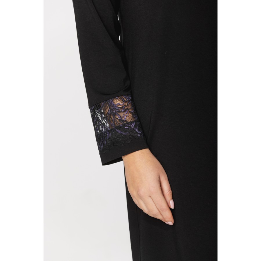 Long-sleeved, tunic-style nightdress with a V-neck in micromodal, elastane fabric and lace