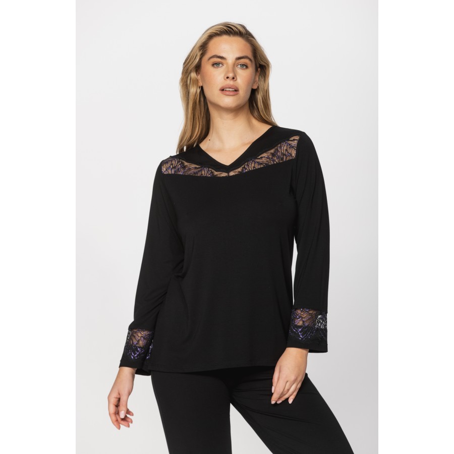 Micromodal and elastane pyjamas with lace above the bust and lace-trimmed cuffs