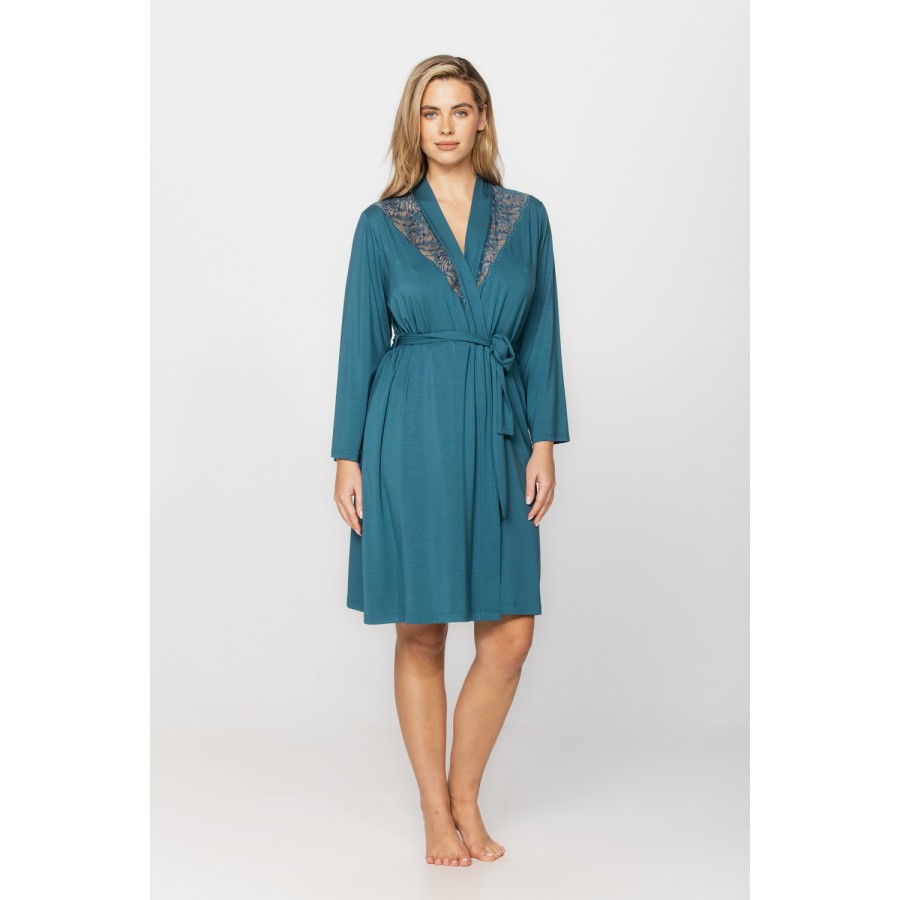 Elegant micromodal dressing gown with long sleeves and lace at the neckline