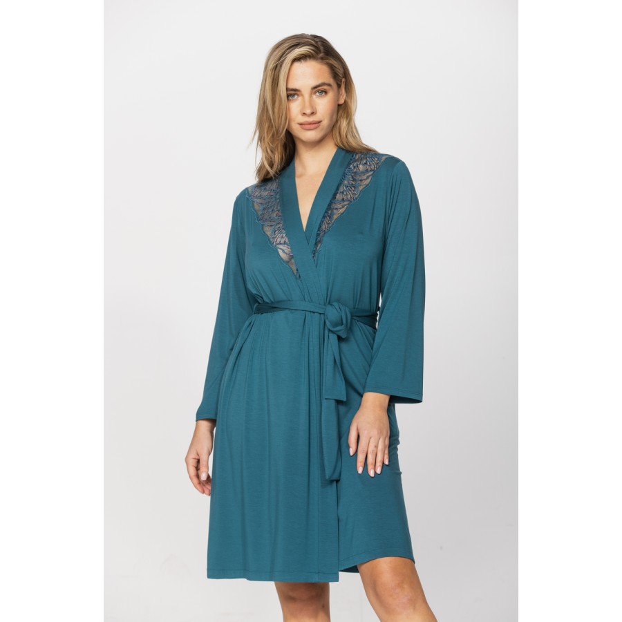 Elegant micromodal dressing gown with long sleeves and lace at the neckline