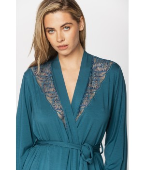 Elegant micromodal dressing gown with long sleeves and lace at the neckline