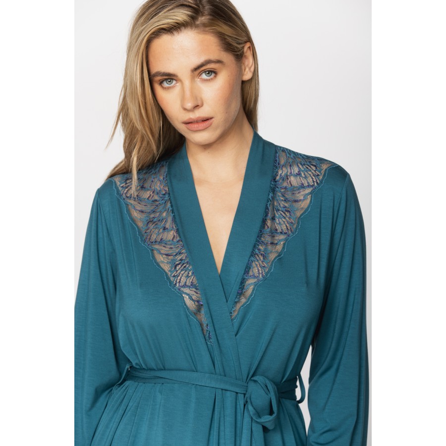 Elegant micromodal dressing gown with long sleeves and lace at the neckline