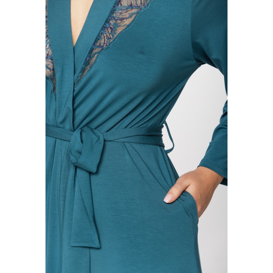 Elegant micromodal dressing gown with long sleeves and lace at the neckline