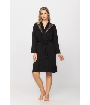 Elegant micromodal dressing gown with long sleeves and lace at the neckline