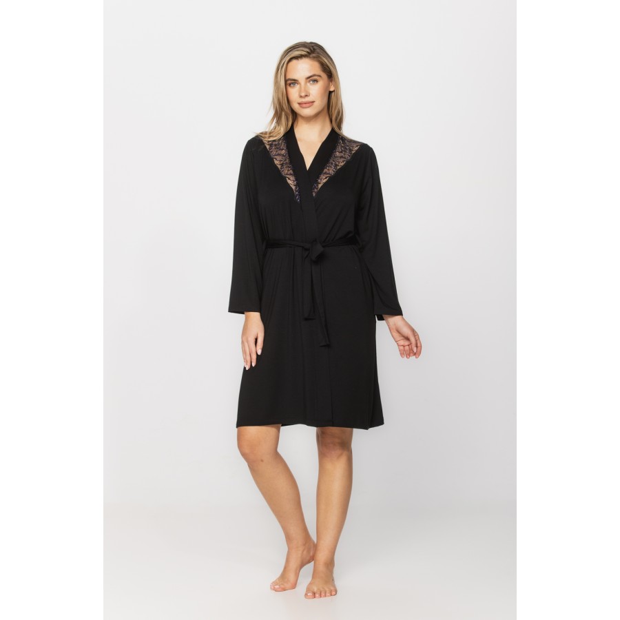 Elegant micromodal dressing gown with long sleeves and lace at the neckline