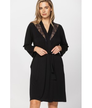 Elegant micromodal dressing gown with long sleeves and lace at the neckline