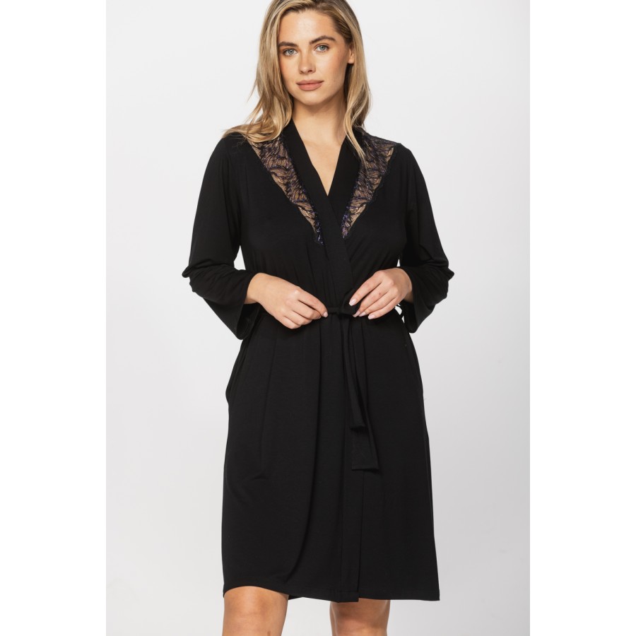 Elegant micromodal dressing gown with long sleeves and lace at the neckline