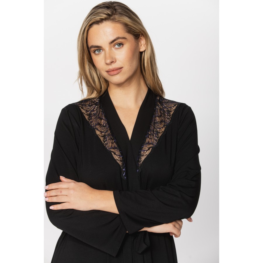 Elegant micromodal dressing gown with long sleeves and lace at the neckline