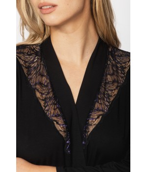 Elegant micromodal dressing gown with long sleeves and lace at the neckline