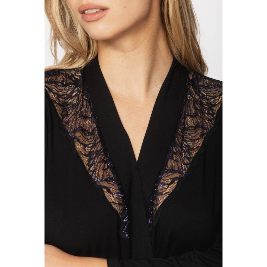 Elegant micromodal dressing gown with long sleeves and lace at the neckline