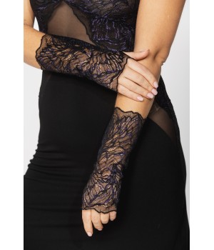 Pair of long fingerless gloves in sexy black lace with blue details