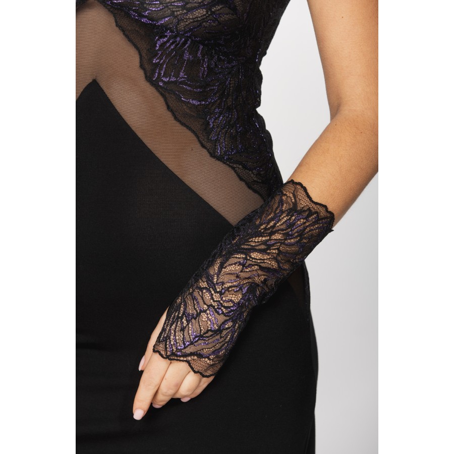 Pair of long fingerless gloves in sexy black lace with blue details