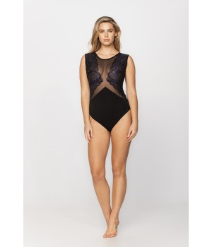 Pretty sleeveless bodysuit in micromodal fabric, lace and see-through tulle